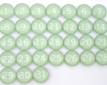 31 pretty Moss Green Calendar Number Glass Magnets - NEW!