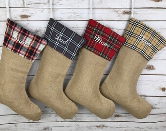 Christmas stocking, personalized Burlap Stocking, burlap Stocking, Plaid Stocking, family, christmas,Stockings, personalized, monogram,plaid
