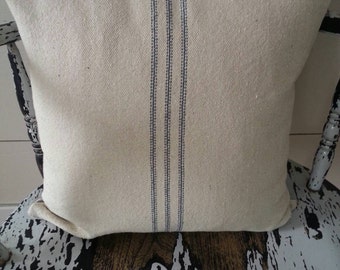 Pillow Cover/Cream Grain Sack Fabric/Blue Stripe/Zipper Closure/Ticking Back