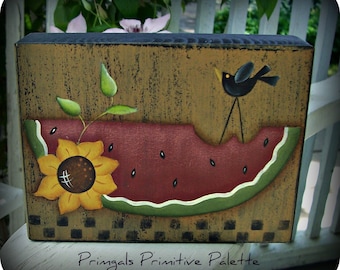 Primitive Watermelon Sunflower Crow Wood Shelf Sitter Block-Home Decor