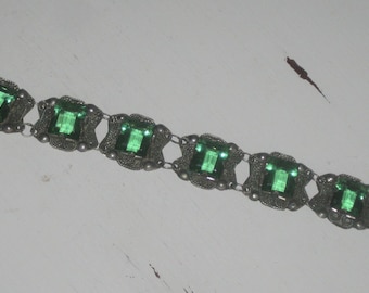 Vintage Mexico Silver Faceted Green Glass Filigree Panel Bracelet