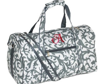 Personalized Duffle | Monogrammed Overnight Duffel | Ladies Weekender Duffle | Bridesmaid Gift | Cheer Duffle | 17.5" Grey Damask Duffle