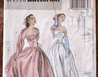 Butterick Pattern # B4918 - 1950's Repro -UNCUT Strapless Evening Gown - Fitted Bodice, Wrapped Bust, Shoulder Drape - Sizes 14, 16, 18, 20
