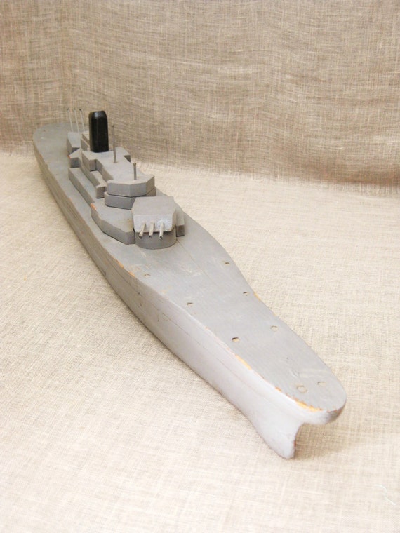 Vintage Handmade Folk Art Wooden Boat Battleship Military Vintage Handmade Folk Art Wooden Boat Battleship Military