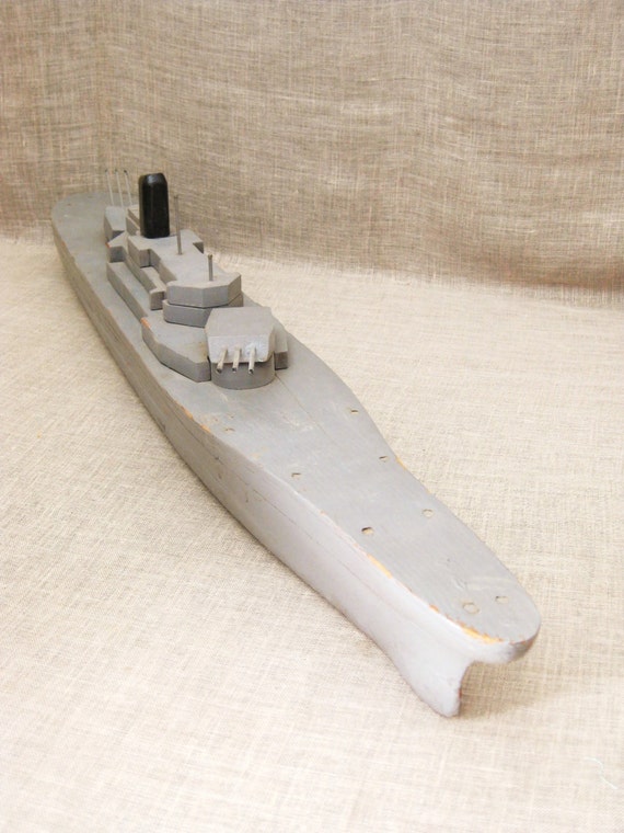 Vintage Handmade Folk Art Wooden Boat Battleship Military