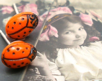 1920s Ladybug BUTTON earrings, Orange glass on sterling silver posts. Antique button jewellery. SALE.