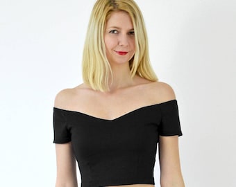 Coco Off Shoulder Sweetheart Crop Top. Summer Bardot Cropped Top. Fitted Support Top. Black Crop Top