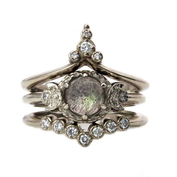 White Moon Temple Engagement Ring Set - Rose Cut Labradorite with White Diamond Stacking Wedding Bands