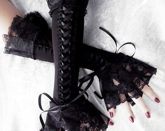 Cities in Soot Corset Arm Warmers Laced Up | Black Ribbon & Ruffled Lace | Steampunk Gloves Victorian Bridal Pirate Dark Rococo Gothic Goth