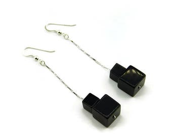 Onyx cube earrings, Beaded earrings, Cube earrings, Scaled cube earrings, Dangle cube earrings, Drop cube earrings, Chain earrings