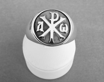 Varouxi Alpha and Omega - Chi-rho Sterling Silver Ring Men Christian Ring Silver 925