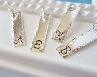 Silver initial charm, bar charm, sterling silver letter charm, script font, hammered edge, hand stamped initial charm, rectangle charm