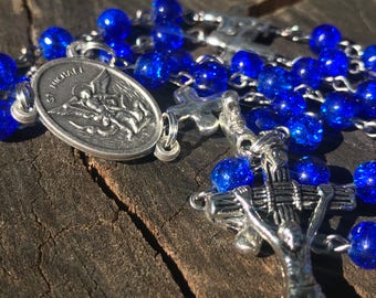 Men's Handmade Saint Michael Catholic Rosary Beads. Masculine Rosary. Blue Catholic Rosary. Catholic Gifts.