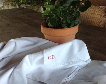 Beautifully simple handwoven vintage french linen sheet initialed C D wedding trousseau dowry
