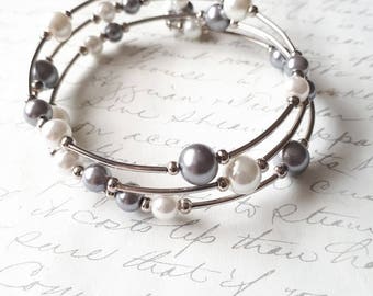 White and silver grey pearls memory wire bracelet