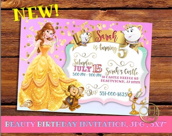 Beauty and the beast birthday invitations, beauty and the beast invitations, princess beauty, princess belle invitations, princess belle