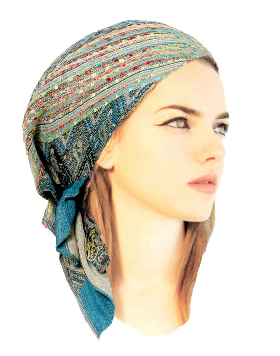 Boho Chic Head Scarf Turquoise Teal Blue Ethnic Hippie Artisan