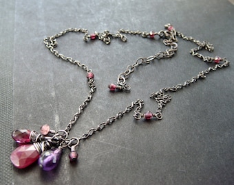 Ruby Garnet Amethyst Necklace, Sterling Silver Gemstone Necklace, Oxidized Boho Necklace, Wire-Wrapped Sterling Silver, Briolette Pendant