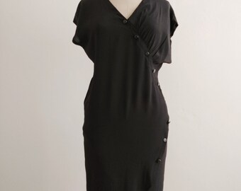 80s black silky batwing dress