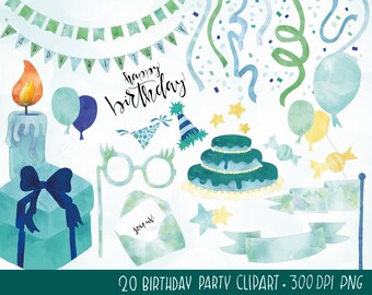 Birthday clipart, digital watercolor party overlays, hand-drawn printable clipart, birthday cake, scrapbooking, collage, instant download