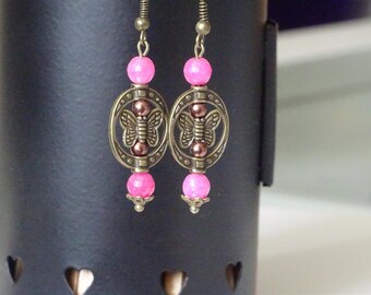 Butterfly with pink bead earrings