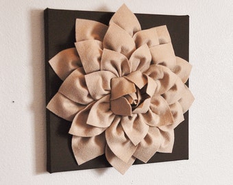 Flower Wall Hanging -Tan Dahlia Mum on Brown 12 x12" Canvas Wall Art- 3D Felt Flower