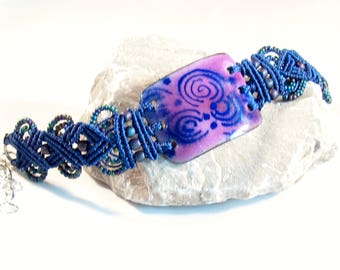 Macrame bracelet celestial blue and pink torch fired enamel artisan