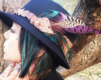 Burningjungle hat-Freak hat - Wool hat - Leather hat - Feathers hat -Elegant hat - Burningman hat