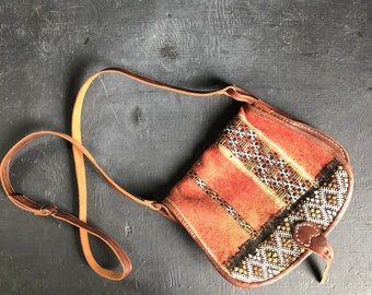 90's Kilim Leather Crossbody Bag. Vintage Kilim Bag. Boho Bag. Rug Purse. Leather Bag. Bohemian shoulder Bag | CuriousMooseVintage