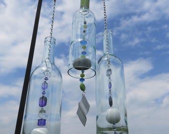 Recycled Clear Wine Bottle Wind Chime, Beaded Wind Chime, Garden Wind Chime, Gift for Her, Porch Decoration