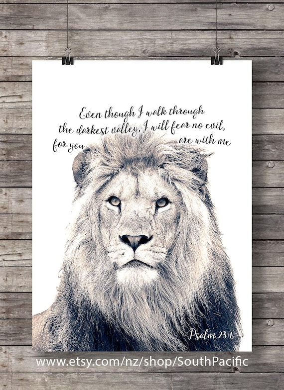 Bible verse Lion art print Psalm 23:4 scripture Lion face