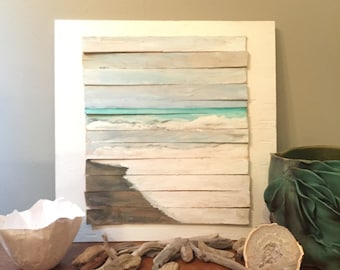 Reclaimed Wood Fine Art Oceanscape, Waves on Shore, Awakeyoursoul, Acrylic painting, Wood art, barnwood, repurposed wood, coastal decor