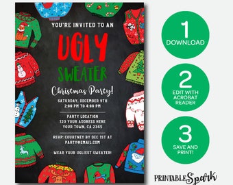 Ugly Sweater Invitation, Instant Download Invitation, Christmas Party Invite, Edit Yourself!