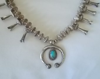 Vintage~Native American~Squash Blossom~Necklace~Choker~Sterling Silver~Turquoise~20 1/2" Long~66gm~Mans~Womans~925~Fine Jewelry~Nice