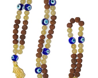 Clarity of Thought Evil Eye Yellow Jade Balancing Mala Beads Japamala Meditation Jewelry Necklace Gift Idea