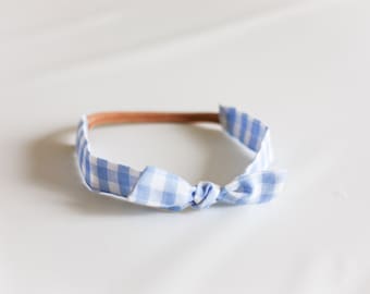 Picnic Knot Headband - blue checkered headband, toddler headband, nylon headband, stretchy knot headband, knot bow