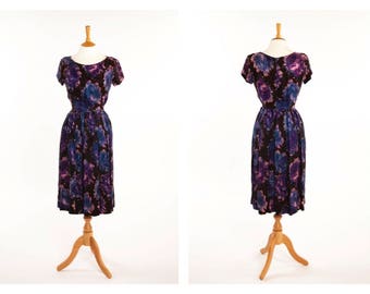 Original Vintage 1940s 50s Floral Rayon Dress with Blue and Purple Watercolour Flowers UK 10 Small