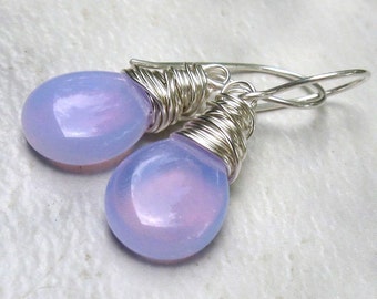 Lilac Periwinkle Opalite Earrings, Sterling Silver Earwires, Wire Wrapped Briolettes - Color Changes Blue, Pink, Purple - Gift for Her