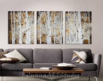 White Trees Triptych, Original Abstract Tree Painting by artist Bilyana Stoyanova, Neutral Wall Art, Commission painting, Palette Knife