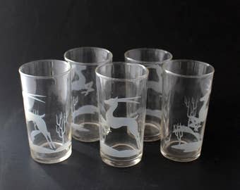 Federal Glass Gazelle Pattern Glasses x 5