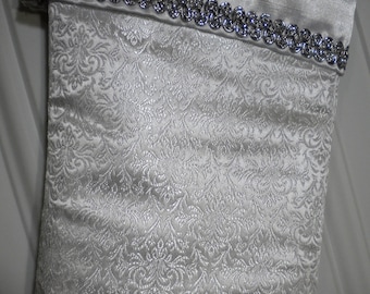 Victorian Christmas Stocking in Silver on White Brocade