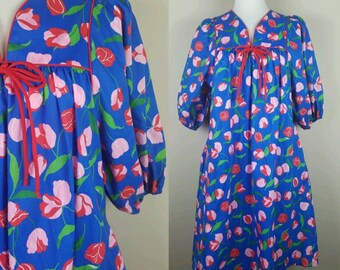 Vintage floral dress - blue 1980s dress - 80s floral dress - tulips flowers eighties flowers sleeves