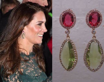 Kate Middleton Duchess of Cambridge Inspired Replikate Chandelier Pear Drop Green Amethyst Pink Tourmaline Halo Crystal Earrings