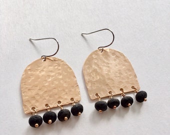 Long Half Circle Earrings - Shield Earrings - Bronze Dangle Earrings - Minimalist Earrings - Black Lava Earrings 0059