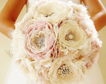 Fabric Brooch Bouquet, Fabric Flower Bouquet, Bridal Bouquet, Wedding, Light Pink/Blush and Off White/Ivory - this is a 50% DEPOSIT ONLY