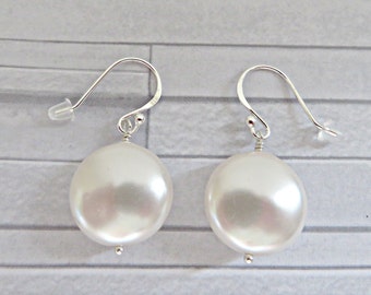 White pearl earrings, Coin pearl earrings, Crystal pearl earrings, Pearl dangle earrings, Bridal earrings, White wedding earrings, UK made
