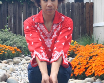 LINDA vintage red 3/4 sleeve tunic with white embroidery