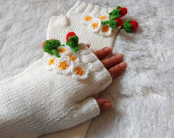 Pure White Fingerless Mittens Gloves with berries