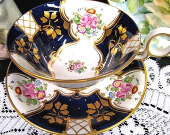 Radfords tea cup and saucer Batwing floral pattern teacup cobalt blue footed