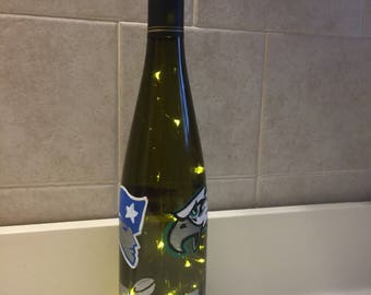 Super Bowl 2018 painted, recycled wine bottle